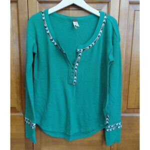 Free People "We the Free" Rainbow Thermal Henley tee in green - Womens M Medium